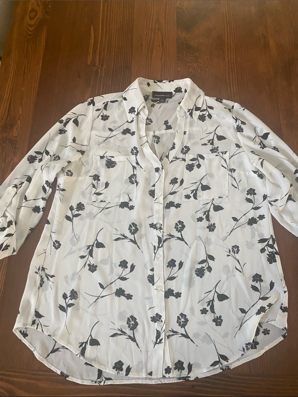 Women’s White Floral Button-Down Blouse with Black Print